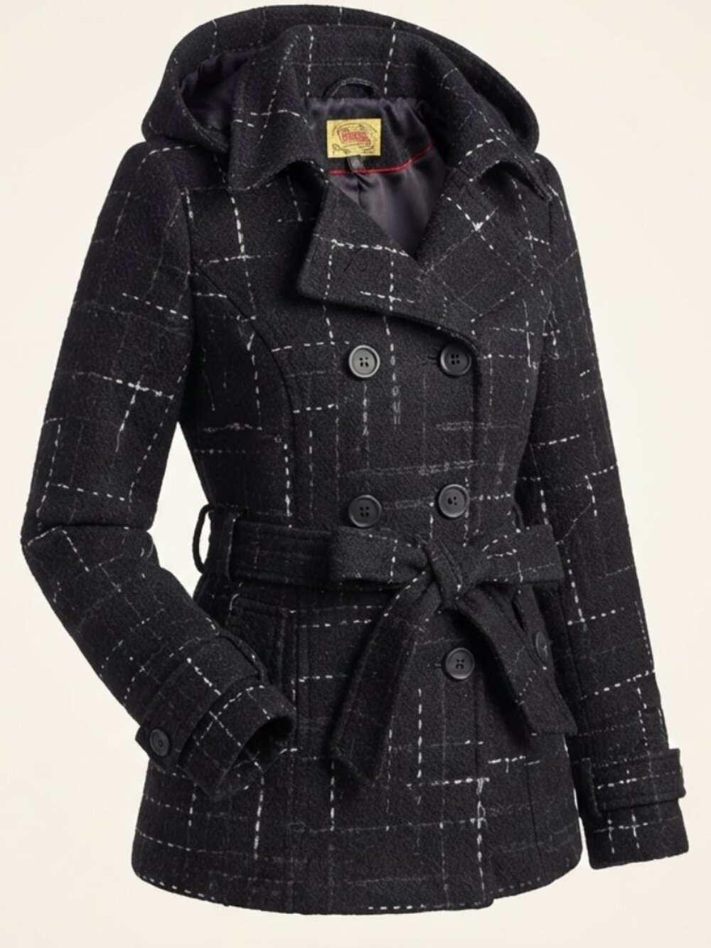 Maralyn & Me Black Plaid Hooded Peacoat, Size L